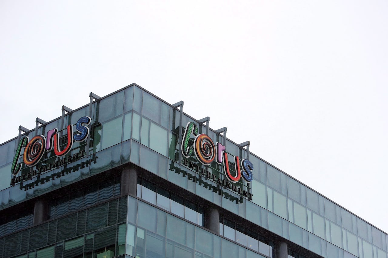 The top corner of a building is shown with the words "Corus Entertainment" written on the side.