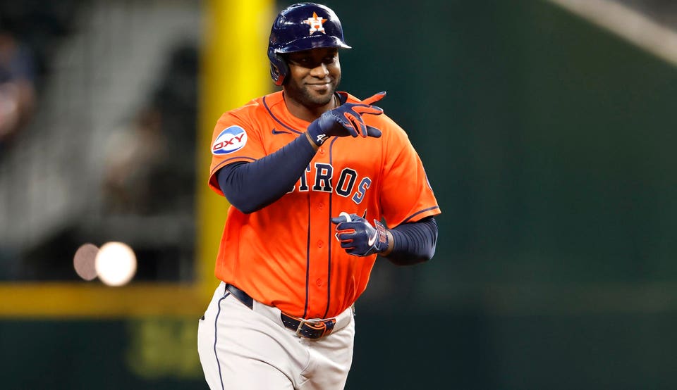 Yordan Alvarez celebrates a home run.