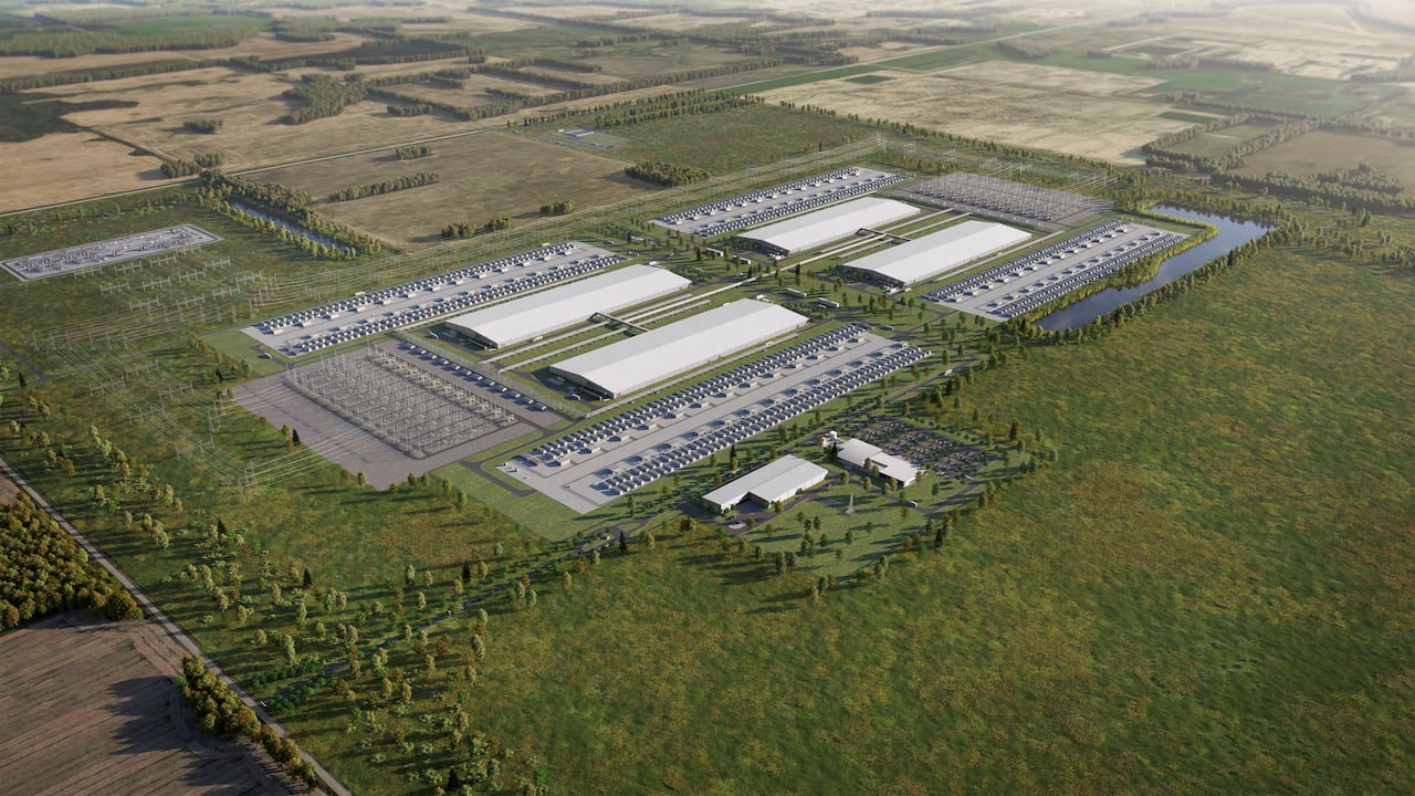 An aerial view shows an artist's rendering of a planned data centre.