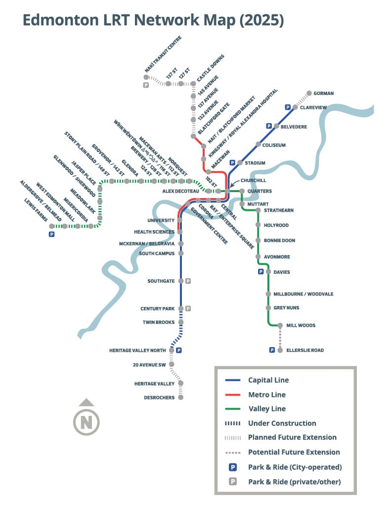 A modern map of Edmonton shows current and future development plans to extend and expand the city's LRT system.