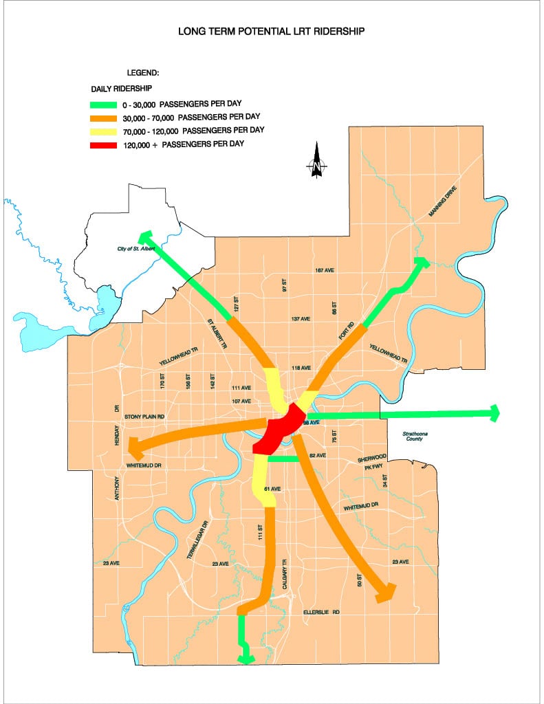 A map of Edmonton with arrows showing higher rider density in the city's core, and other train lines reaching to the four corners of Edmonton and into surrounding regions.