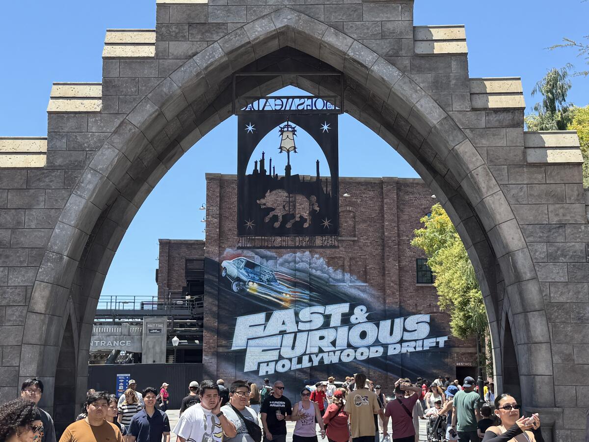 The view of Fast & Furious: Hollywood Drift from Universal Studios Hollywood's Wizarding World of Harry Potter.