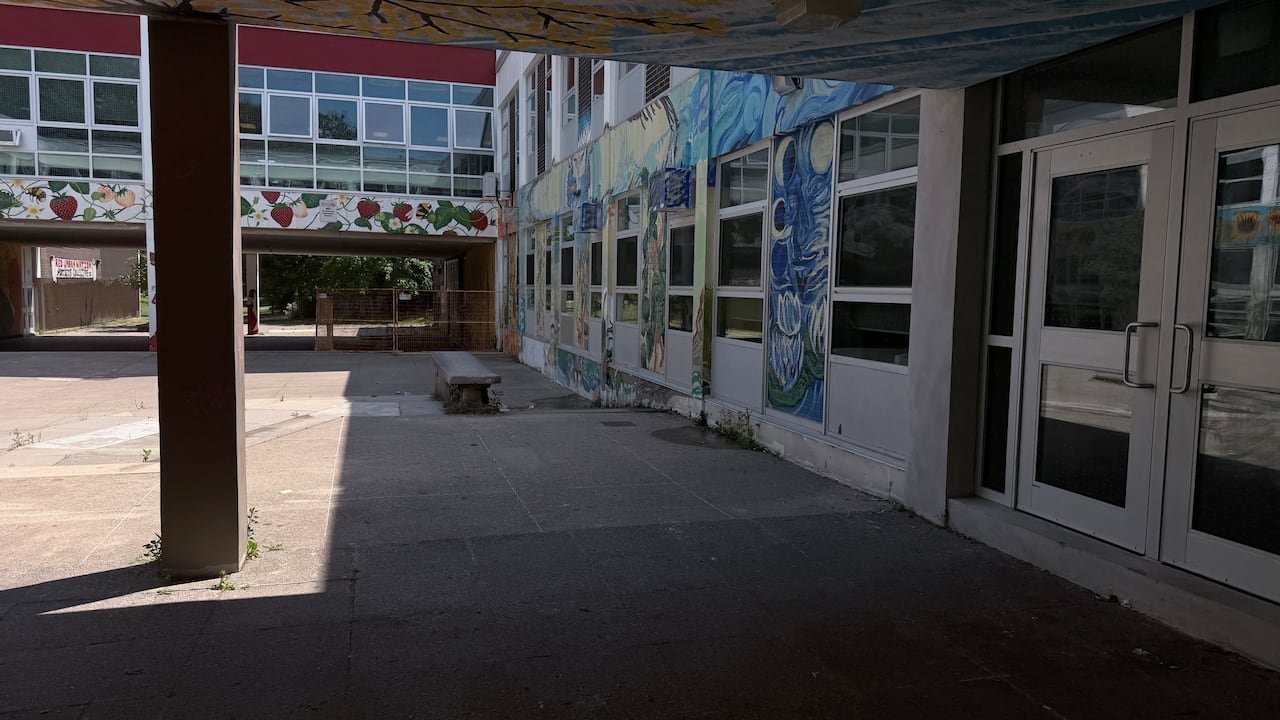 The exterior courtyard at the Bickford is quiet and overgrown these days. The TDSB is using interior spaces for classes and other community events.