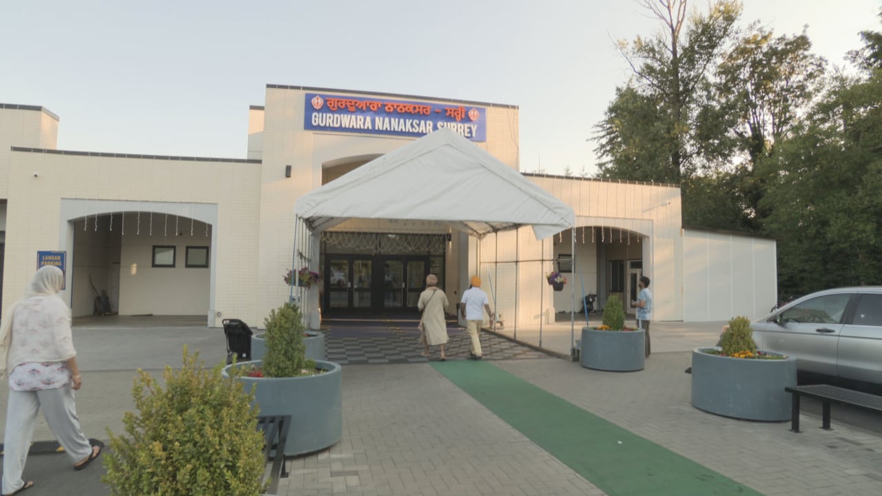 Several people walk toward the entrance of Gurdwara Nanaksar Surrey beneath a large white canopy.