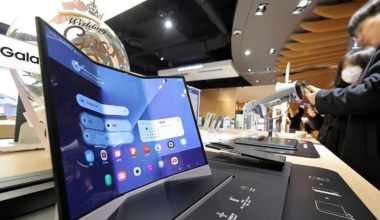 A Galaxy Z TriFold of Samsung Electronics is displayed at a retail store in Seoul, Jan. 6. Yonhap