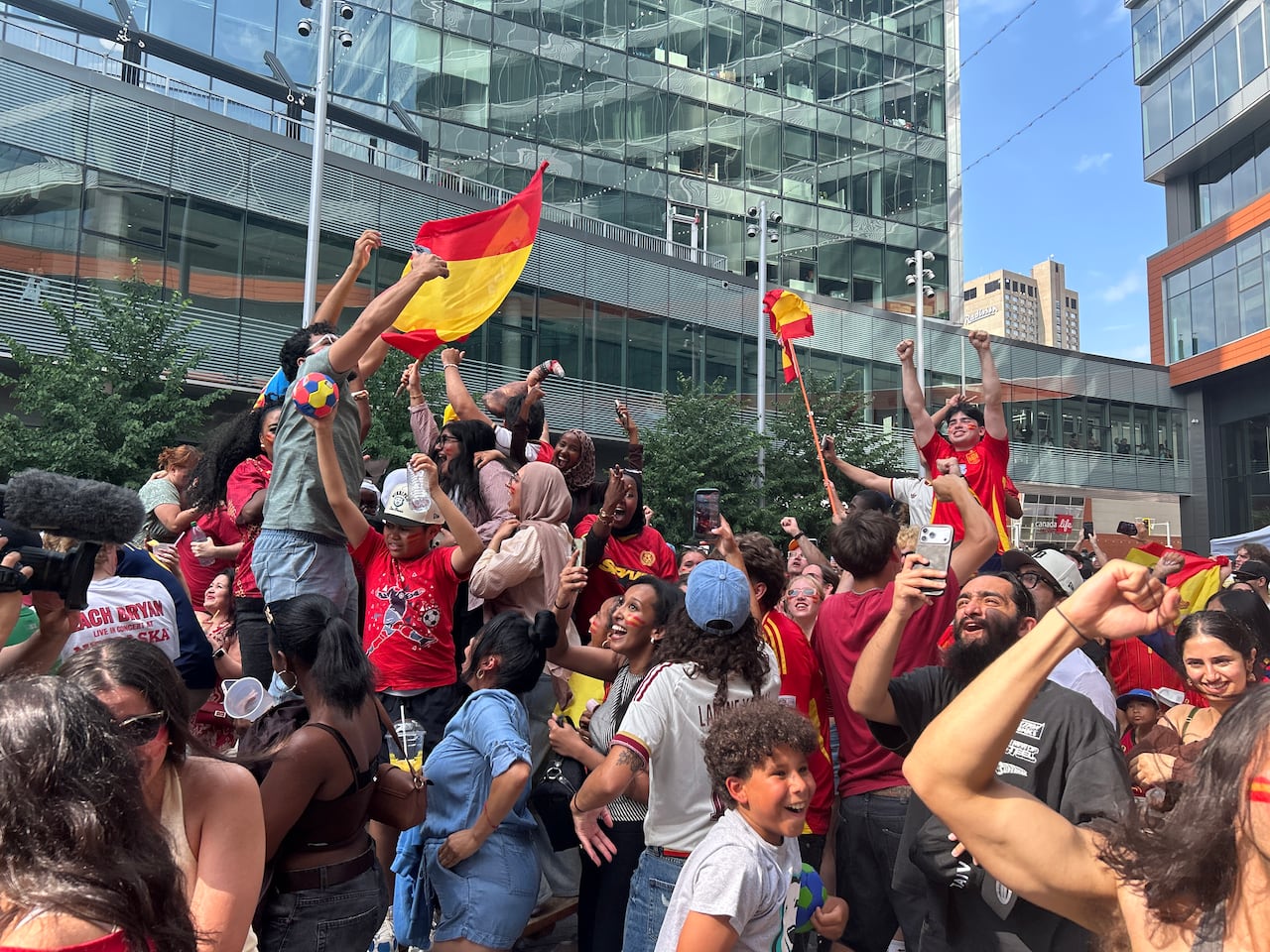 A crowd of people cheer on after a goal in the World Cup.
