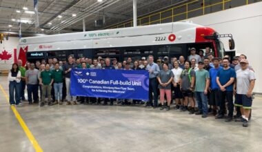 On-site teams have celebrated the production of the 100th bus at the Winnipeg facility