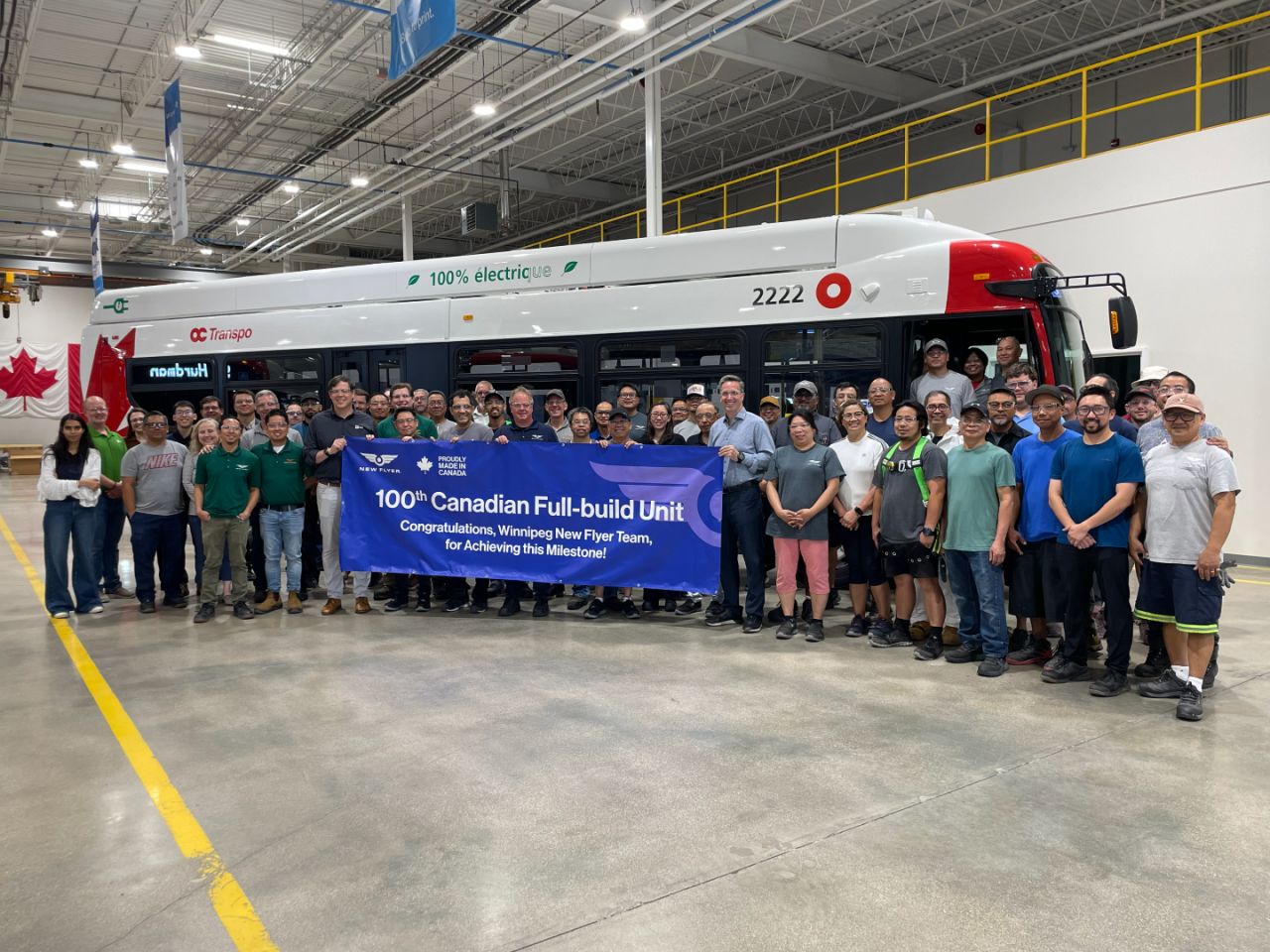 On-site teams have celebrated the production of the 100th bus at the Winnipeg facility