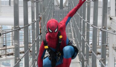 An actor dressed as Spider-Man explores themed photo zones and takes on the Sky Bridge Tour atop Lotte World Tower in Seoul to promote Sony Pictures’ “Spider-Man: Brand New Day.” Courtesy of Lotte World