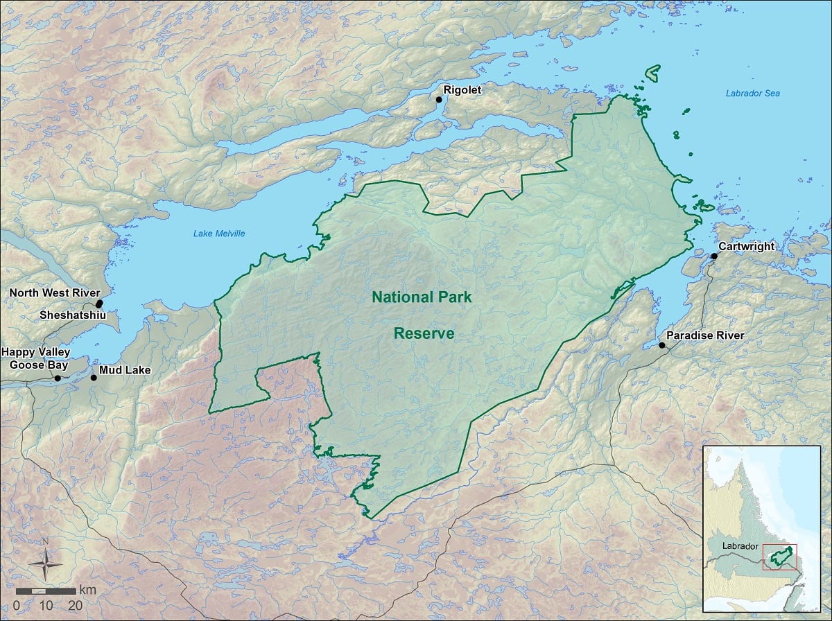 A map showing the location of the Akami-Uapishku-KakKasuak-Mealy Mountains National Park Reserve in Labrador, along with several neighboring communities.
