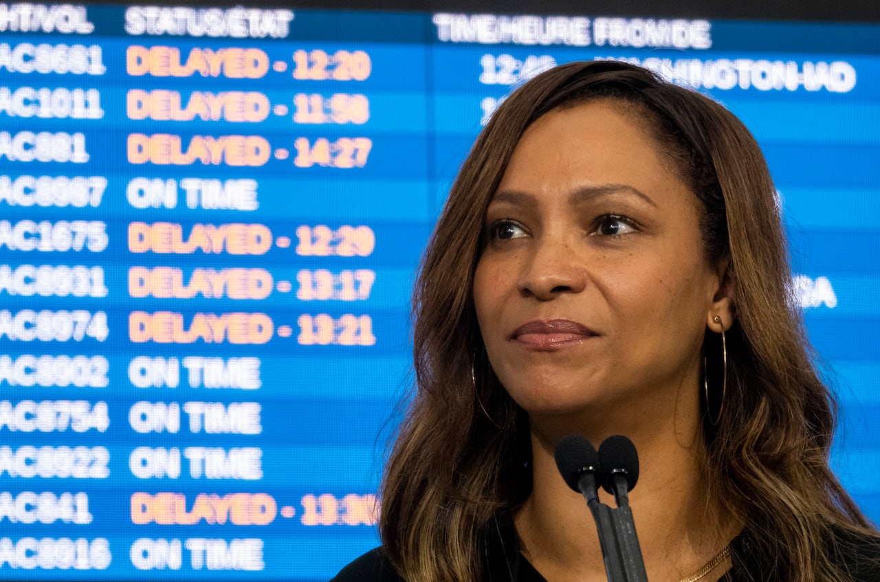 Greater Toronto Airports Authority president and CEO Deborah Flint provides a progress update of Pearson airport in Toronto on Aug. 5, 2022. 