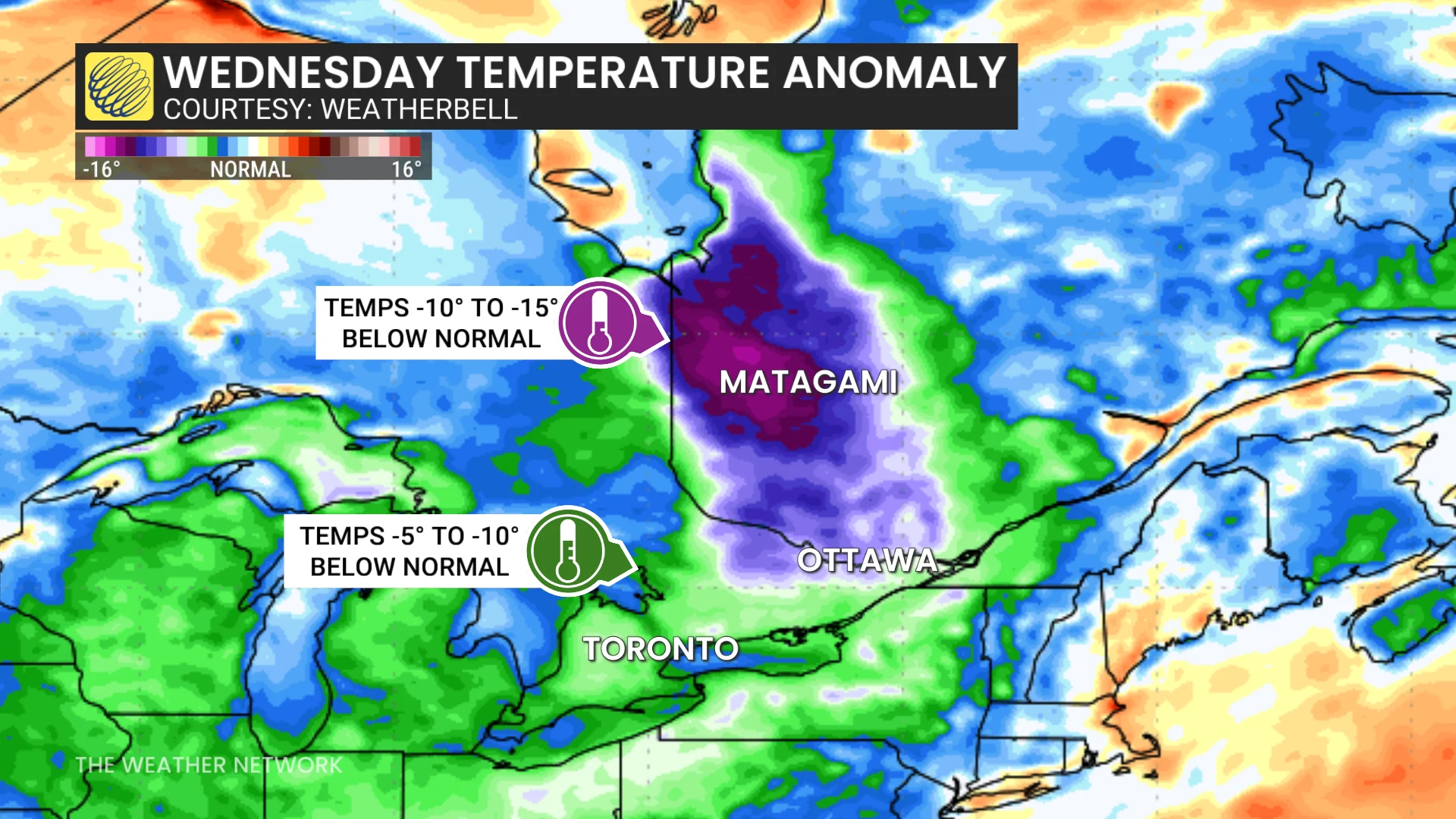 Ontario-Quebec temperature anomaly Wednesday