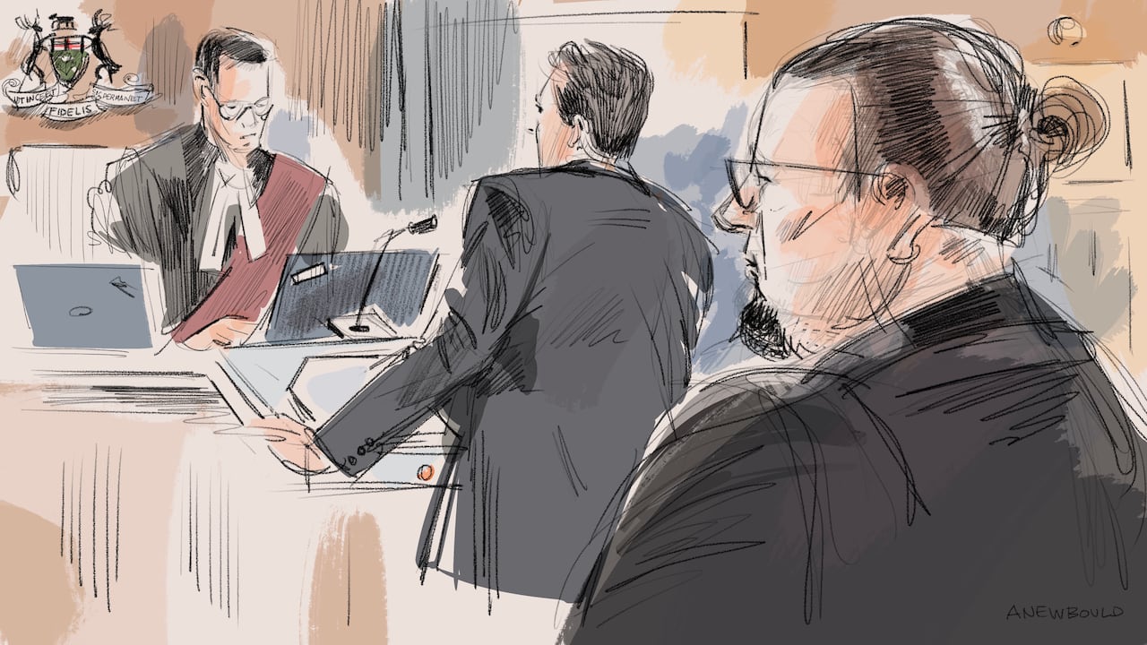 Court sketch of judge, lawyer speaking and accused.