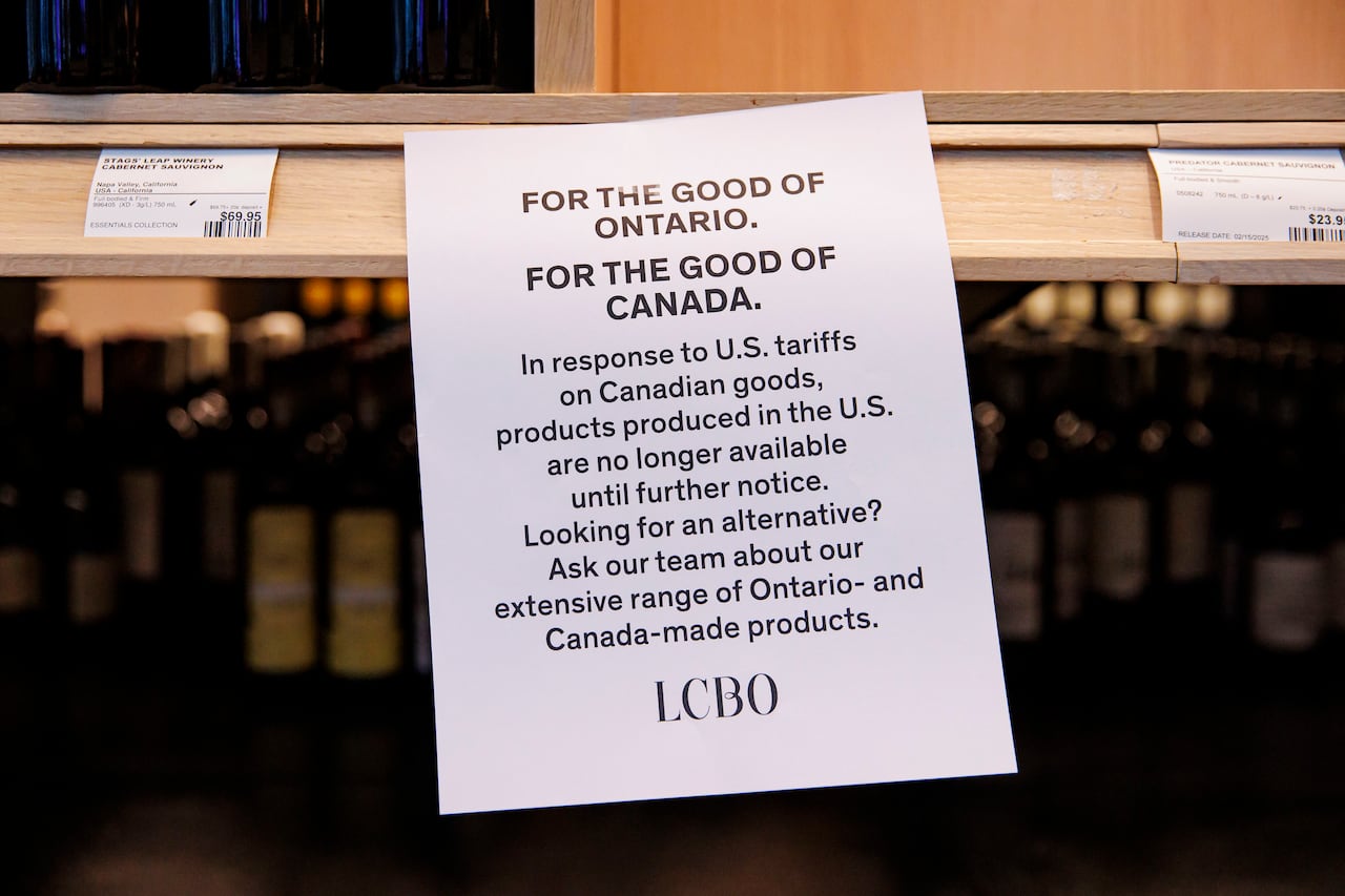 Staff at a Toronto LCBO remove American wine and spirits from store shelves on March 4, 2025  part of an opening salvo in a cross border trade war sparked by President Donald Trumps imposition of tariffs on Canadian goods.