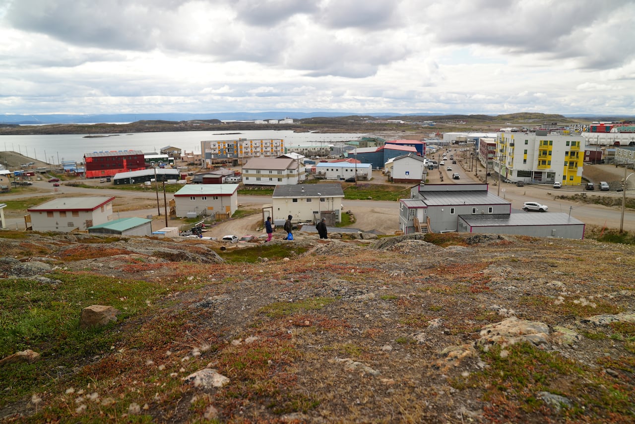 Houses and other buildings in a community beside a large body of water.