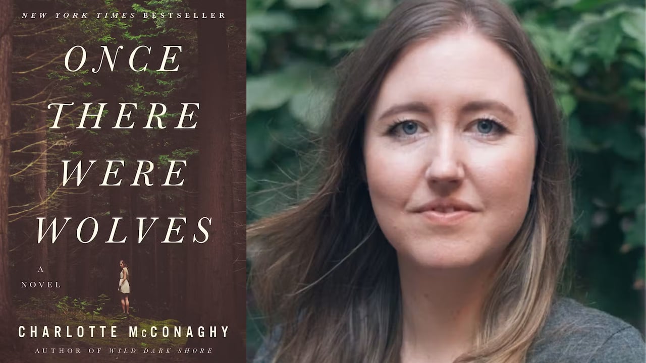 A book cover a woman in the trees. A headshot of a woman with long brown hair.