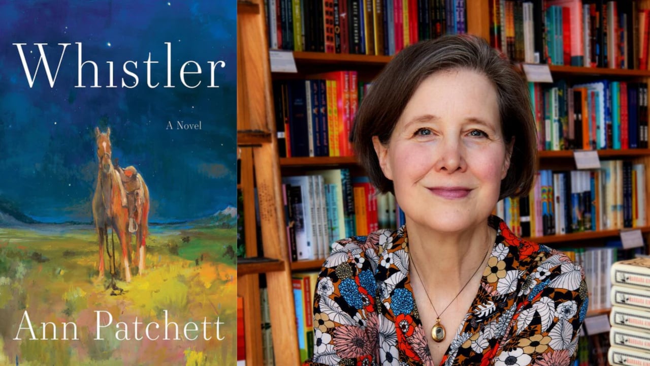 A blue book cover with a horse on it. A woman with a bob haircut in front of bookshelves.