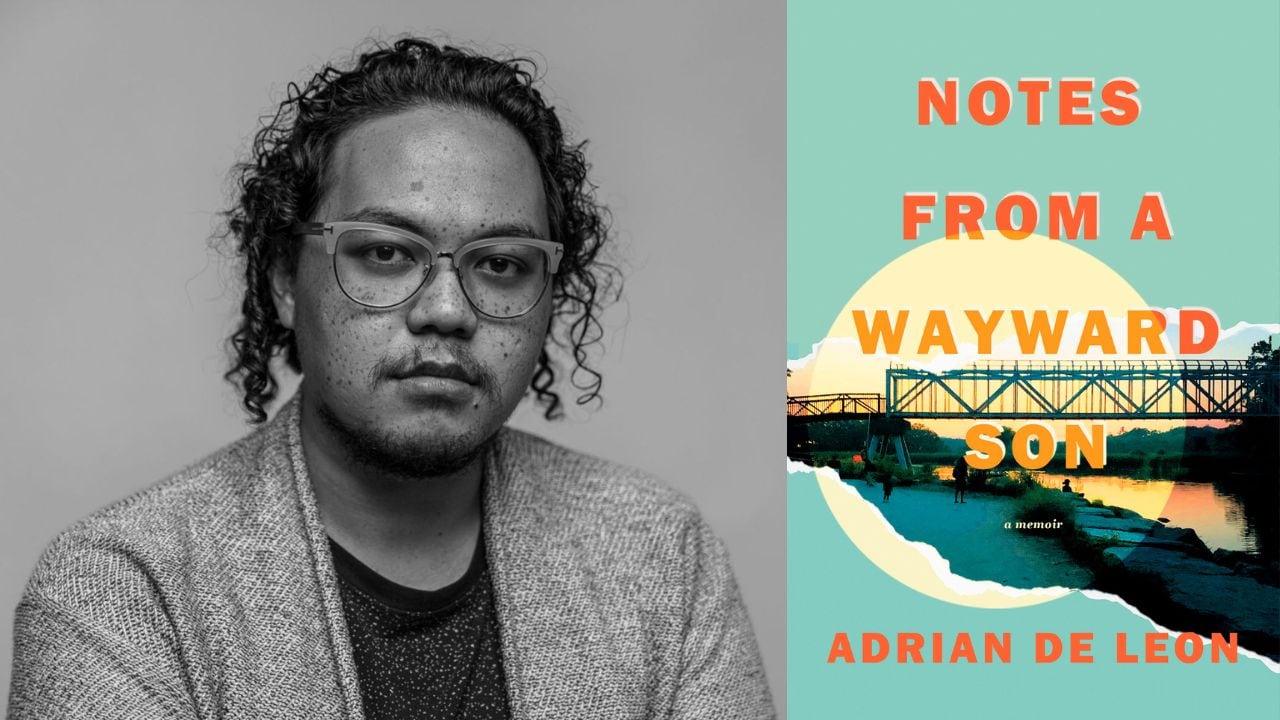 A black and white photo of a man with curly hair and glasses and a book cover image of a bridge crossing over a river.