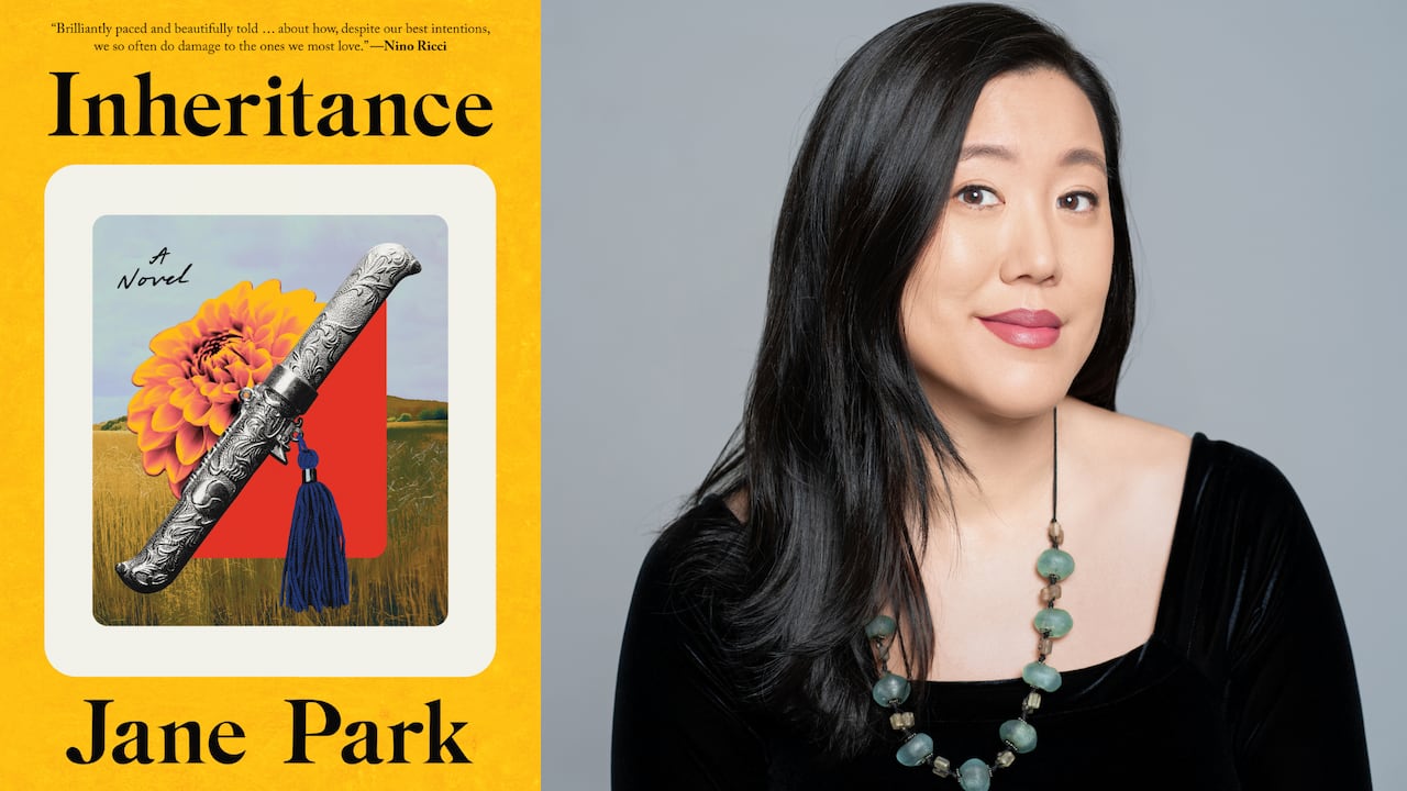 A yellow book cover with abstract with a flower and a prairie landscape. A headshot of a woman with long black hair.