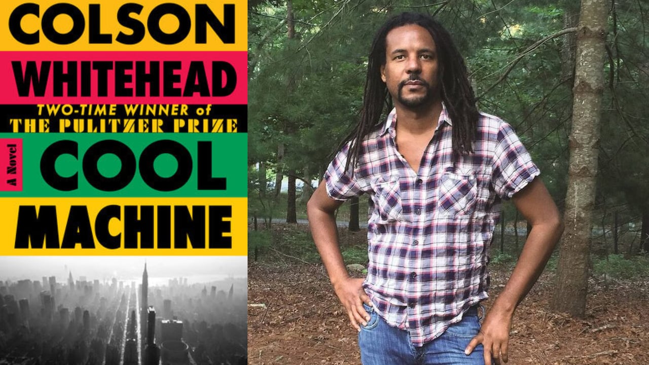 A red, yellow and red book cover with a black and white photo of New York City. A author photo of a man with dreadlocks in a forest wearing a short sleeved flannel.
