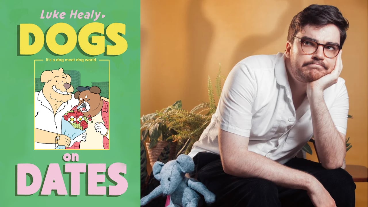A green book cover of a cartoon dog giving another cartoon dog flowers. A headshot of a woman with brown hair and glasses leaning his head on his hand and looking slightly left.