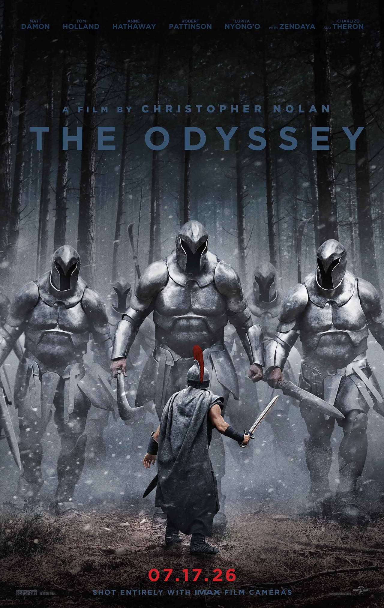 Movie poster for The Odyssey showing Greek warriors and giants in armour.