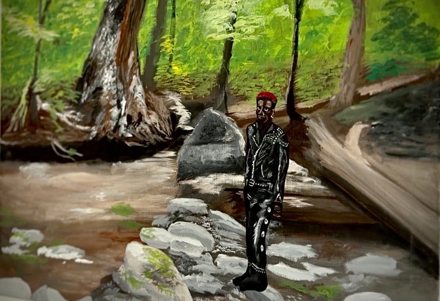 Acrylic painting by Alex Curtis displayed inside the Mudroom Gallery showing dark moody landscapes.