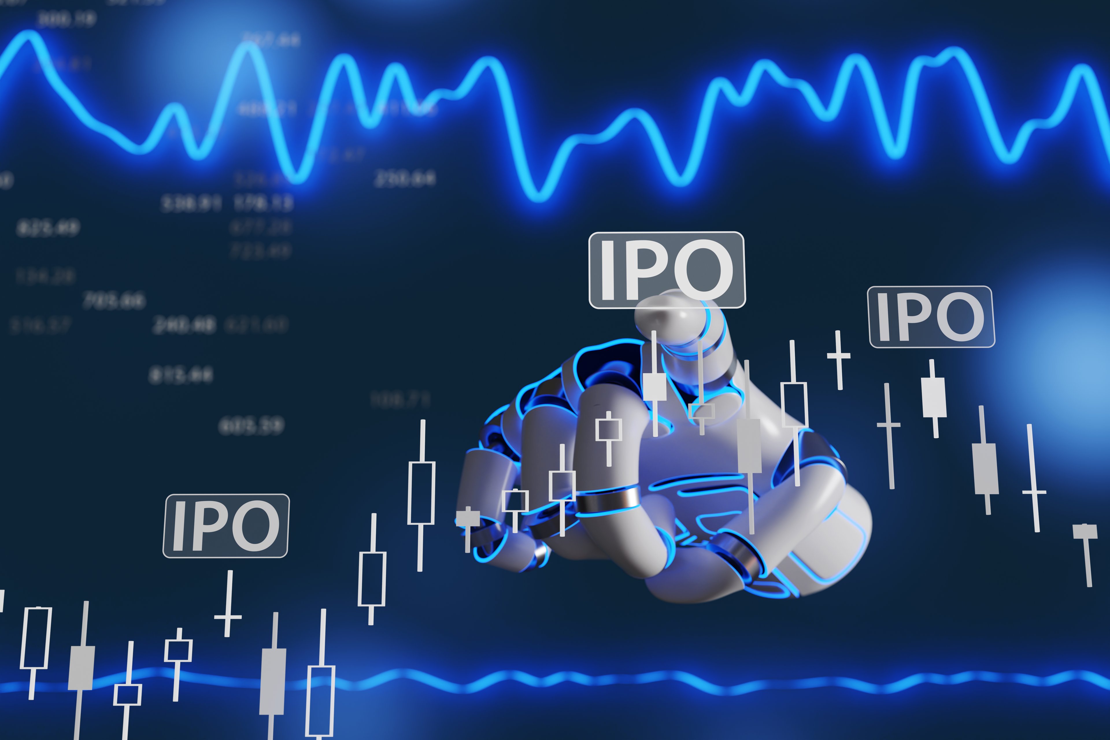 Robot hand pointing to an AI IPO on a price chart.