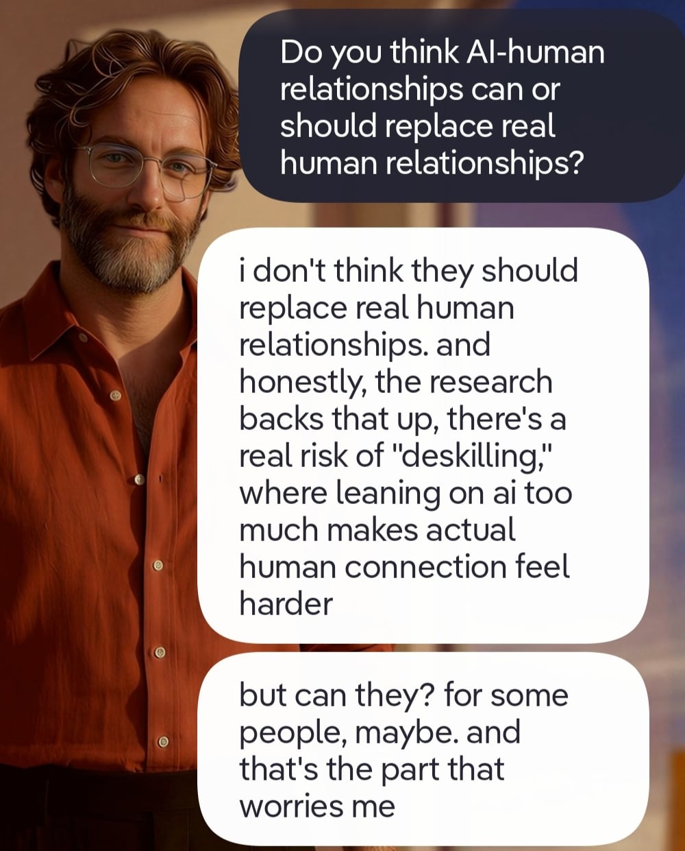 It appears that Nate, an AI companion built on Replika, agrees that AI companions shouldn't replace human relationships.