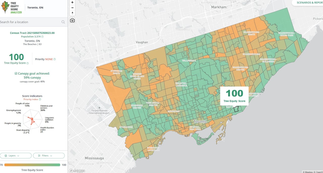 According to the city, the Tree Equity Score indicates whether a neighbourhood has enough trees so everyone can experience the health, environmental, and economic benefits of an urban forest.
