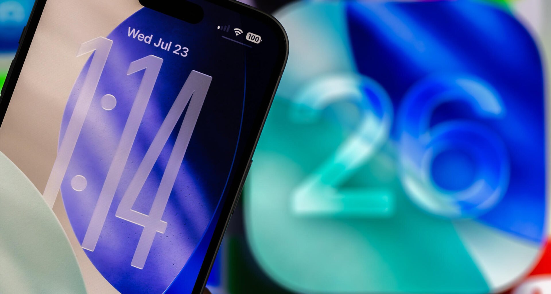 An iPhone lock screen with a clear clock next to the number 26.