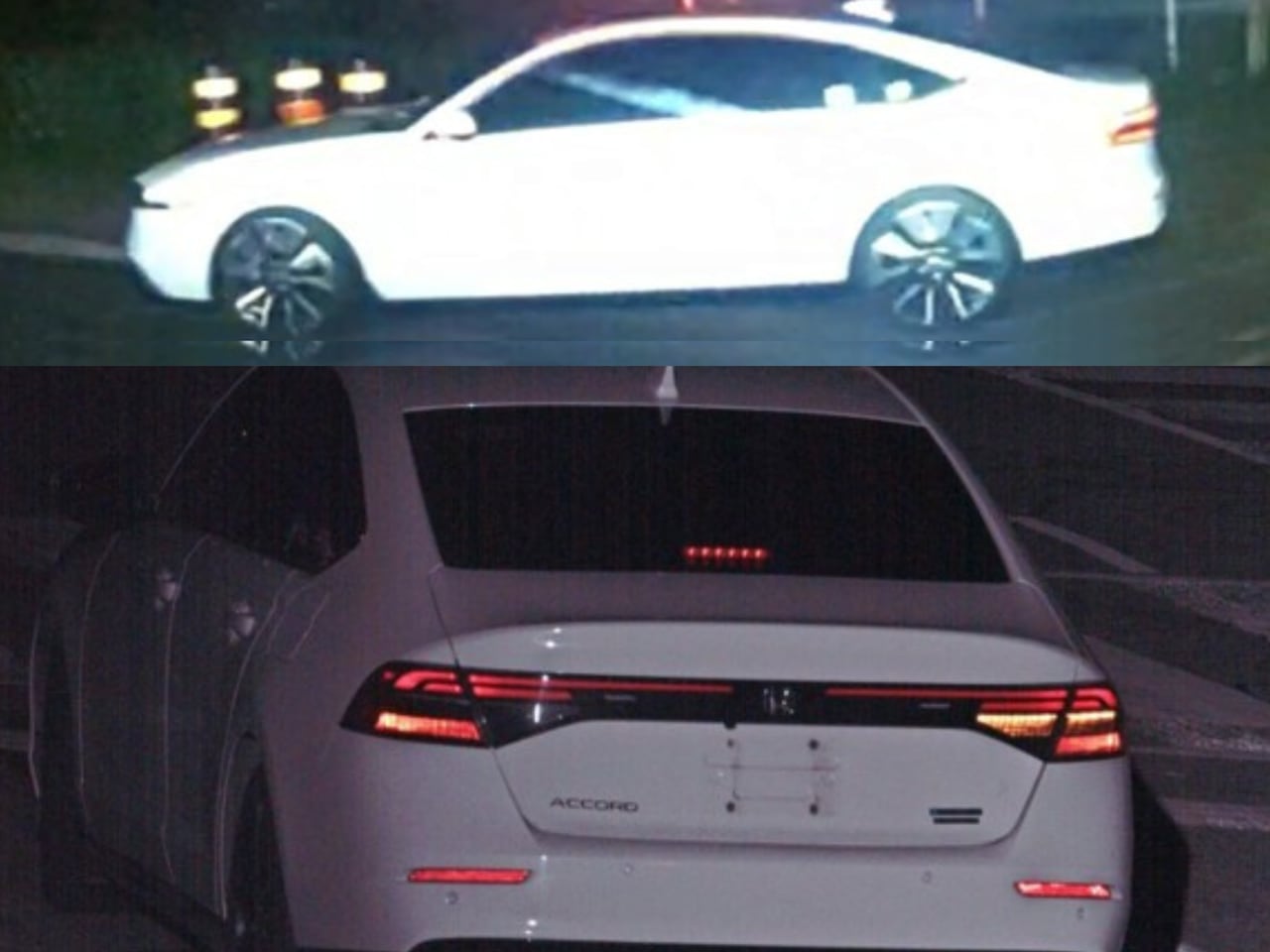 Composite image showing side and back angle of white Honda Accord with no license plates