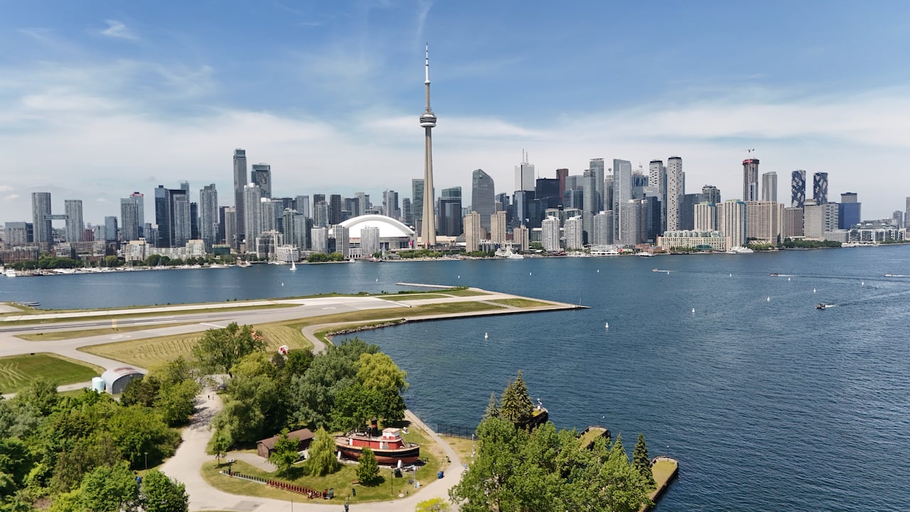 Aerial (drone) images of Toronto City Centre, Billy Bishop Airport, located on the Toronto Island.
