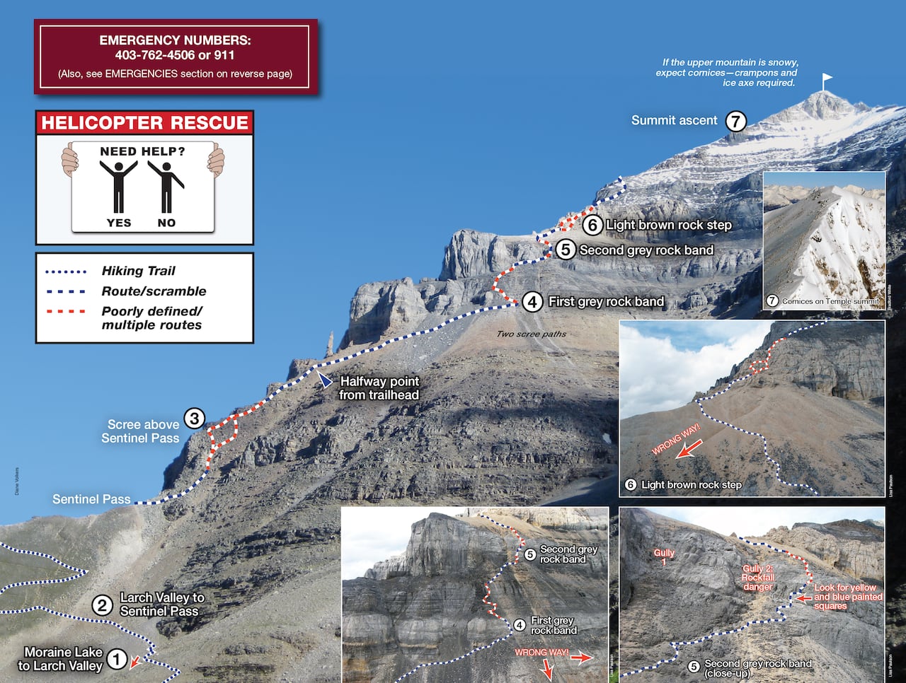 A photo of a mountain summit with climbing directions.