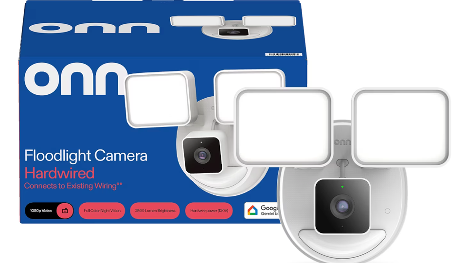 The Onn Outdoor Floodlight Camera Hardwired , 1080p HDR Video with Google Home and Gemini