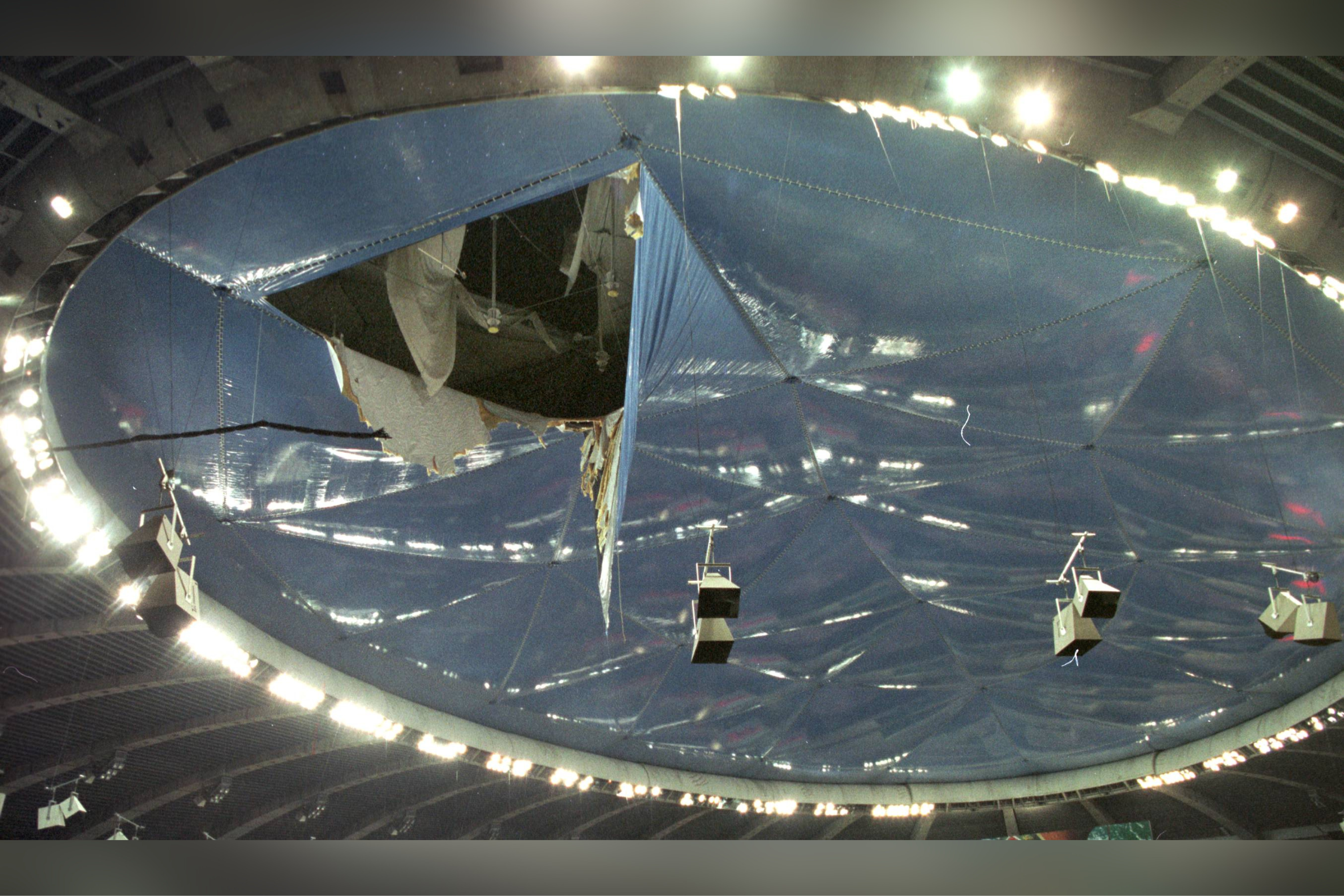 A large hole in the Olympic Stadium's roof