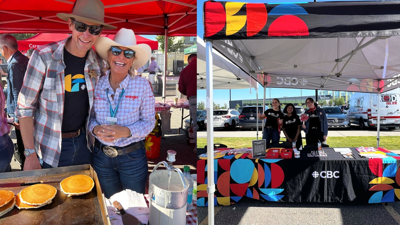CBC's Daybreak Alberta host Paul Karchut pictured with Caravan Committee member Christie Foret. To right of image is a separate photo of CBC ambassadors at CBC's activation site at the same event: Genesis Centre Stampede Breakfast