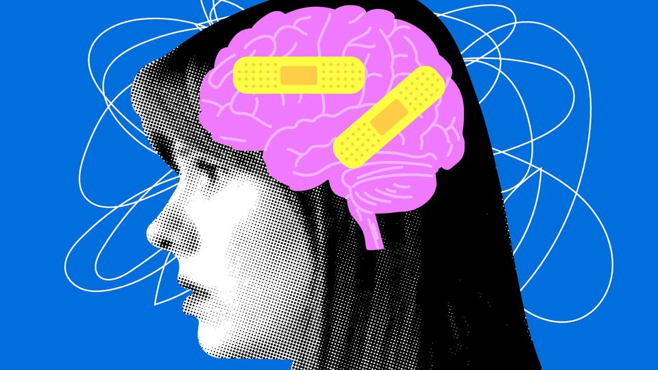 Concept of mental health, dementia, headache. Modern collage