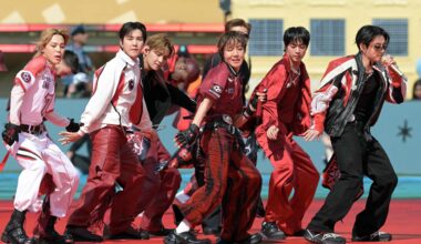 Members of K-pop boy band BTS perform during the 2026 World Cup football tournament