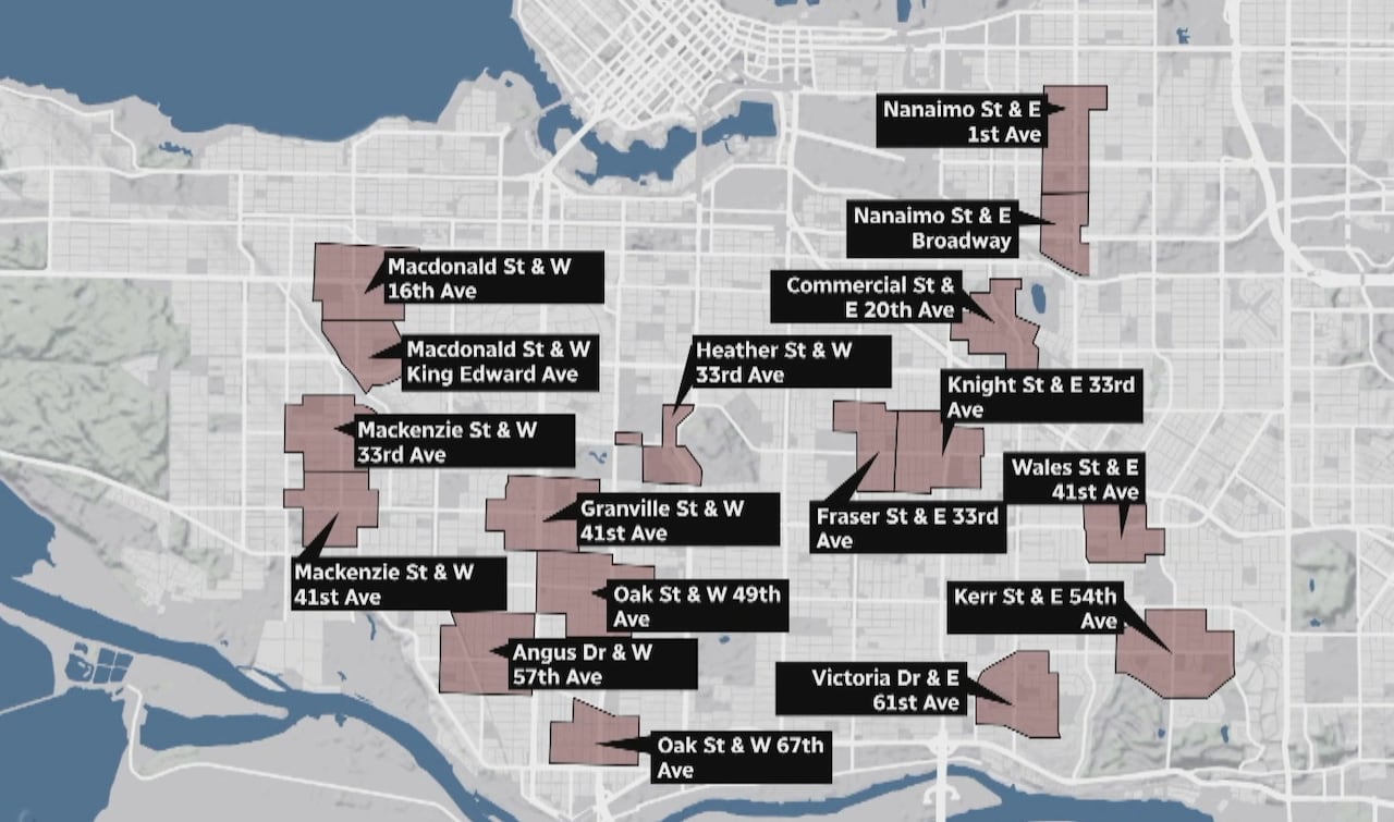 A map showing 17 proposed "village" areas in Vancouver.