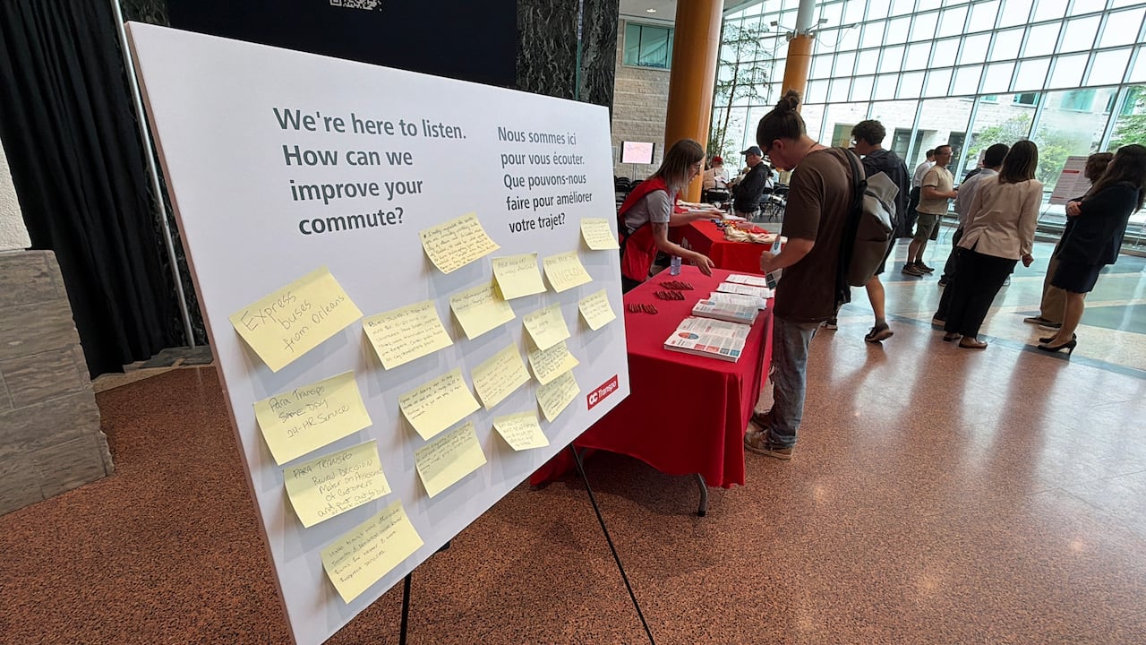 A large white board with the words "How can we improve your commute?" Is covered in yellow-sticky notes with hand-written messages.