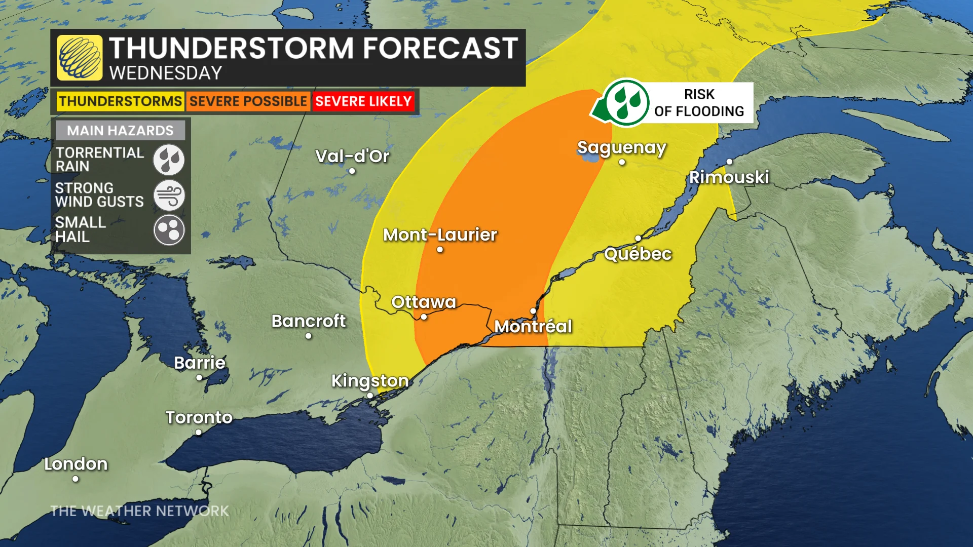 Ontario-Quebec storm risk map Wednesday