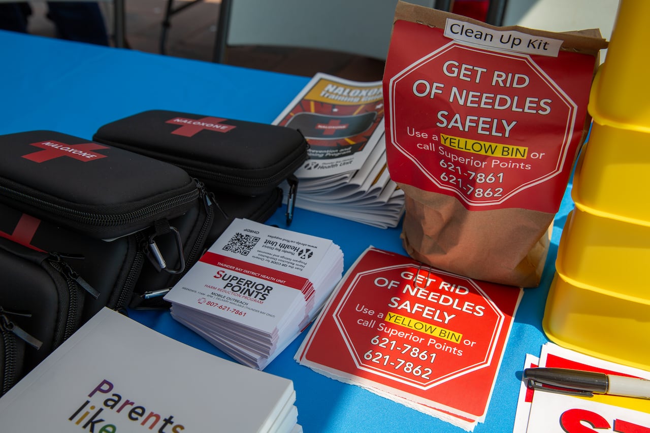 A close-up of drug-related resources on a table.