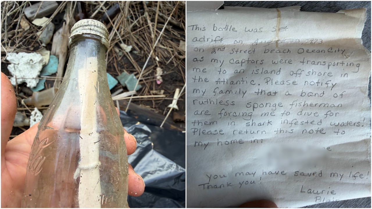 Side-by-side images of an empty, old-fashioned Coca-Cola bottle, and a handwritten letter in pencil.