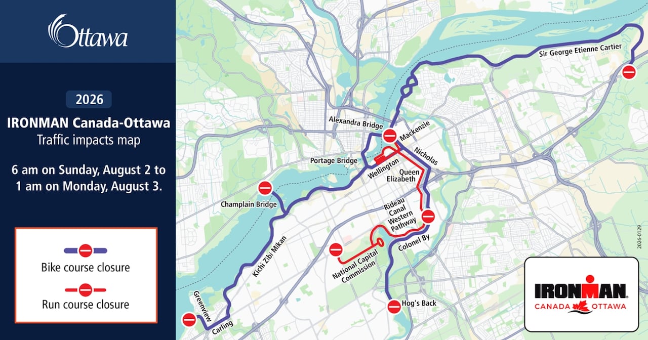 A map showing the road closures for Ottawa's Ironman triathlon.