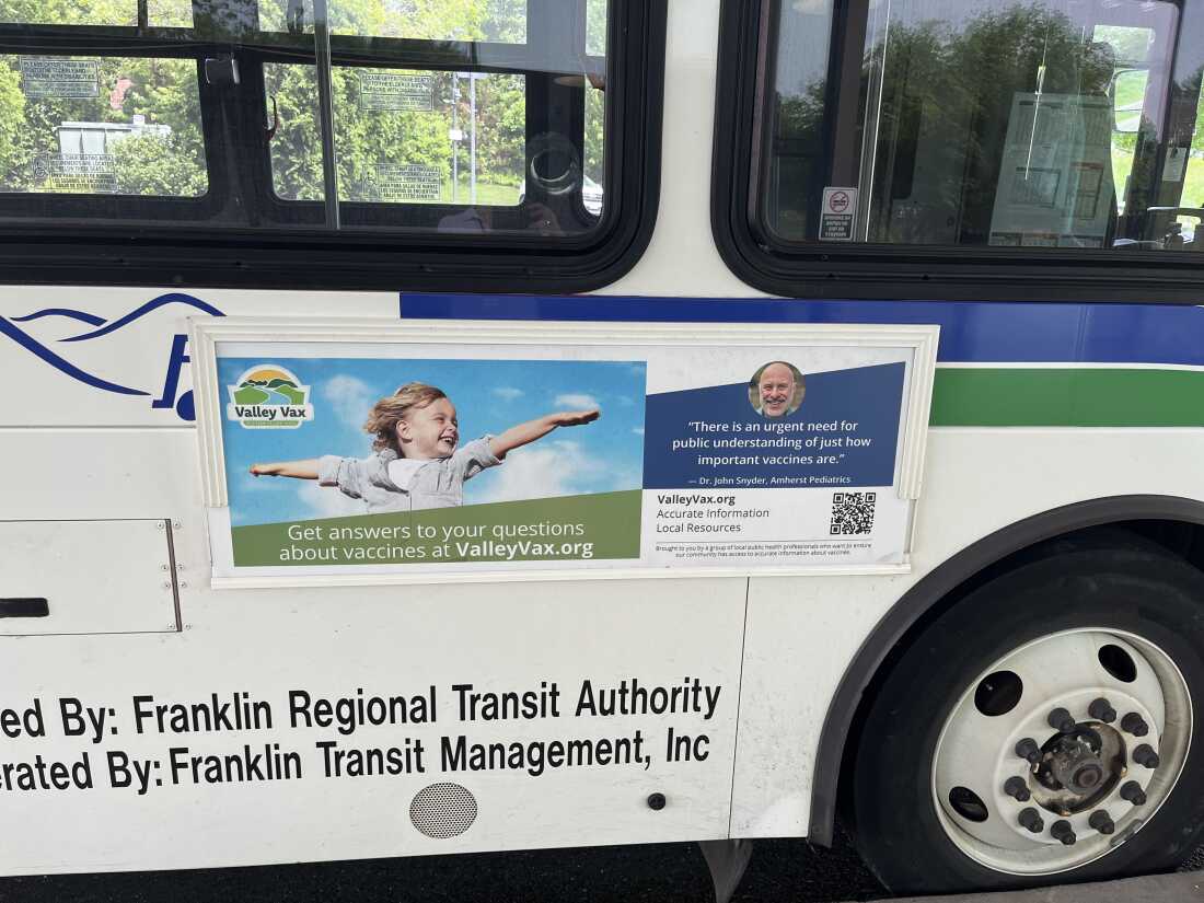 The independent health website Valley Vax is advertised on the sides of buses in Western Massachusetts.