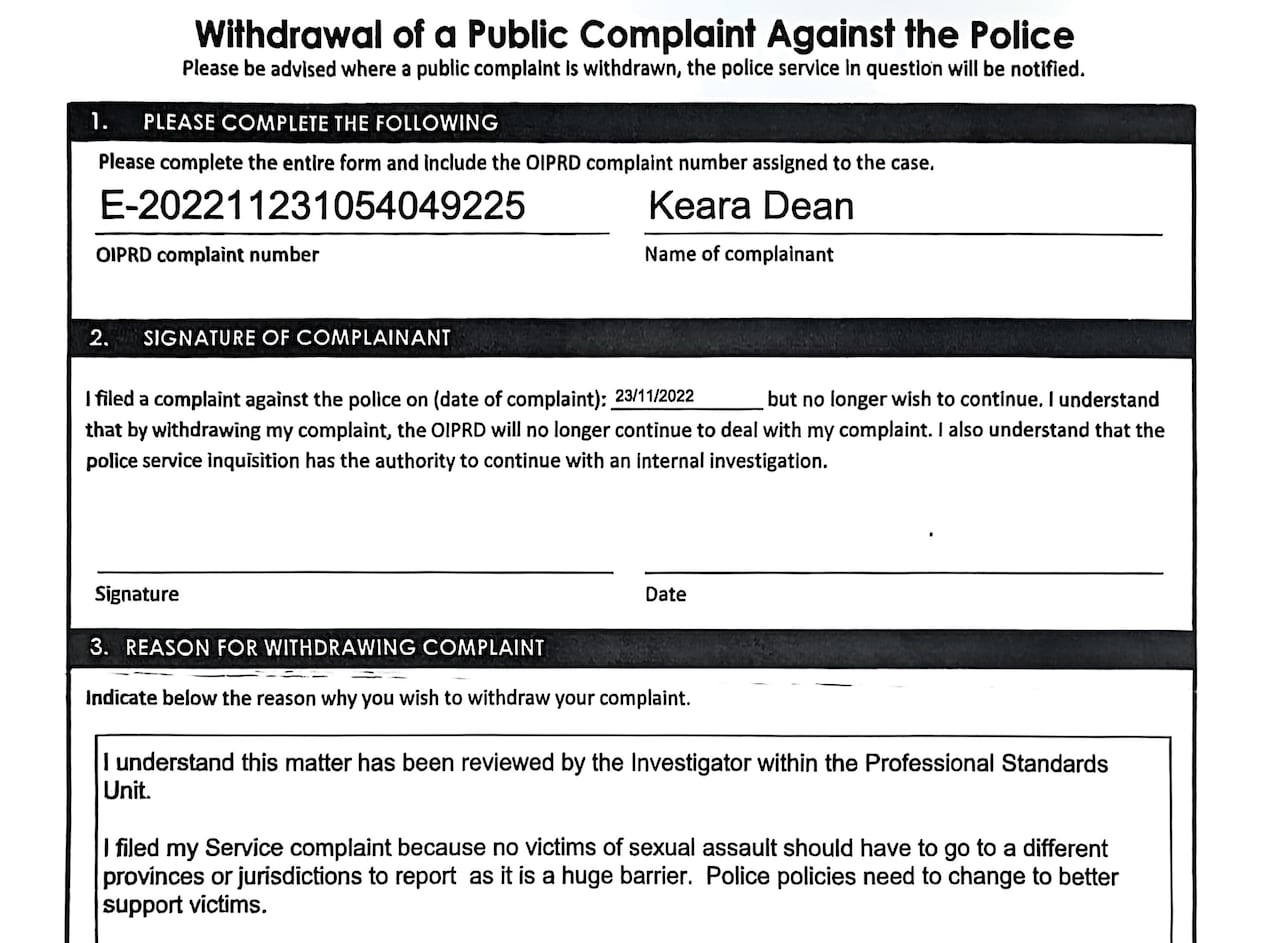 A scan of a form titled, 'Withdrawal of a Public Complaint Against the Police.'