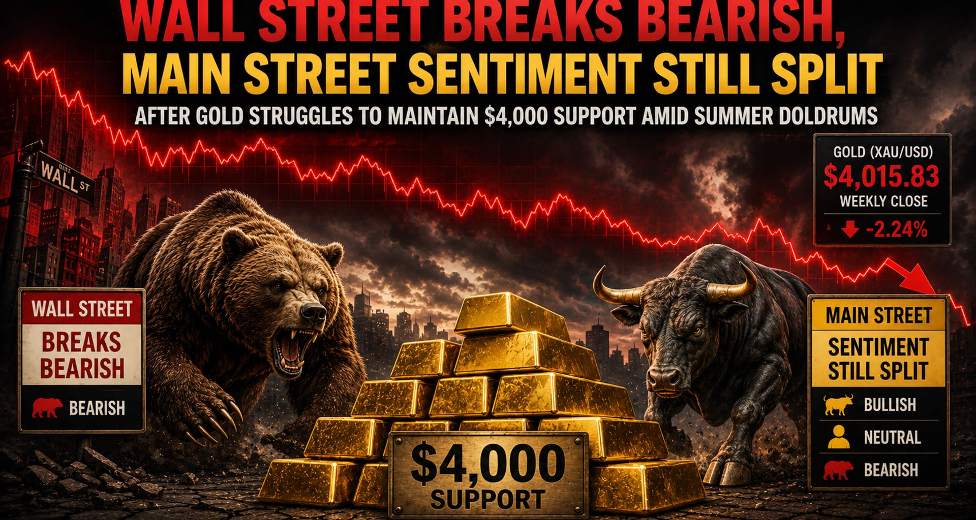 Wall Street breaks bearish, Main Street sentiment still split after gold struggles to maintain $4,000 support amid summer doldrums