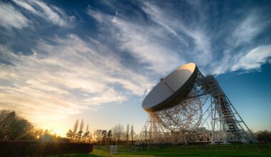 The 76-meter Lovell Telescope at Jodrell Bank in the United Kingdom was used as part of a network of telescopes to track space debris using radar techniques. Courtesy Anthony Holloway