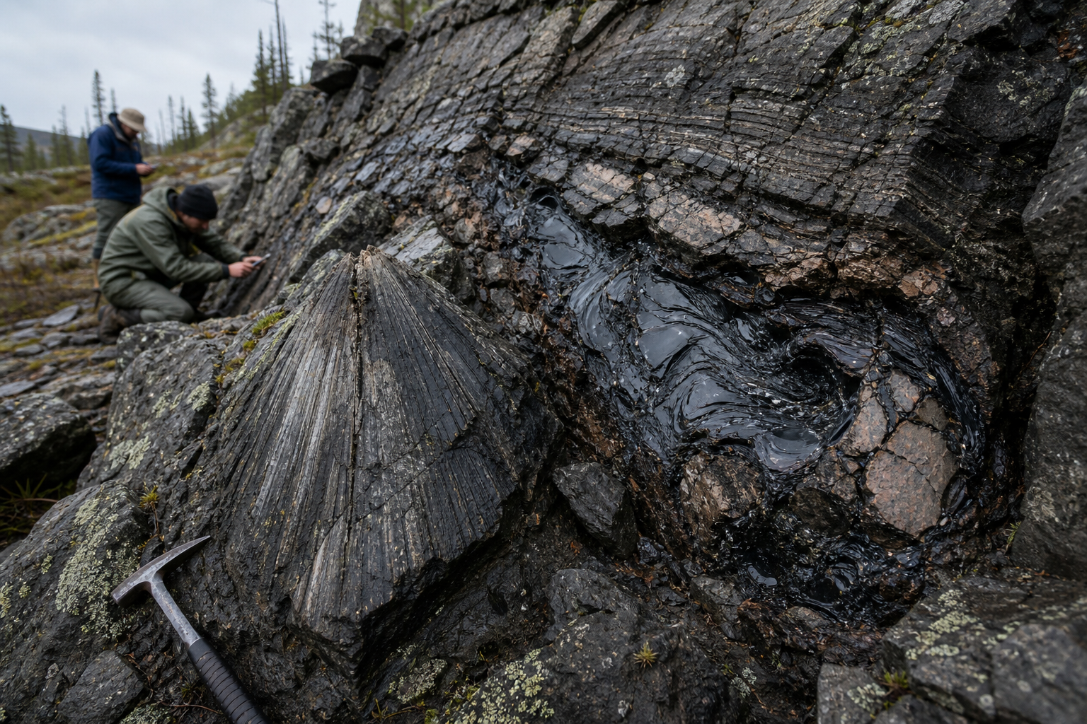 Researchers examine shatter cones and impact-melt rock during the Uhackatik crater investigation
